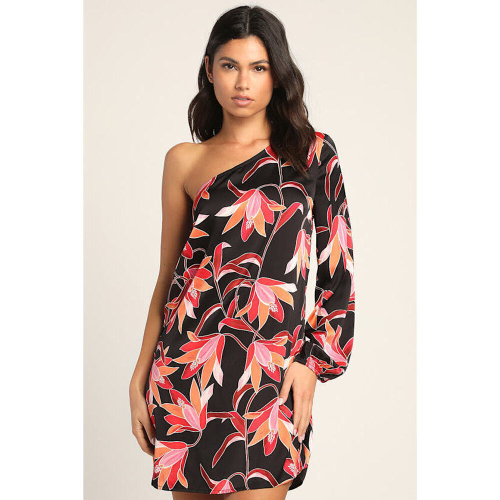 Lulus Bahamas Beauty Black Tropical Print Satin One-shoulder Dress - Size L